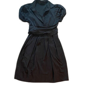 BCBGMaxAzria Black Collared Puff-Sleeve Waist-Pleated Dress
